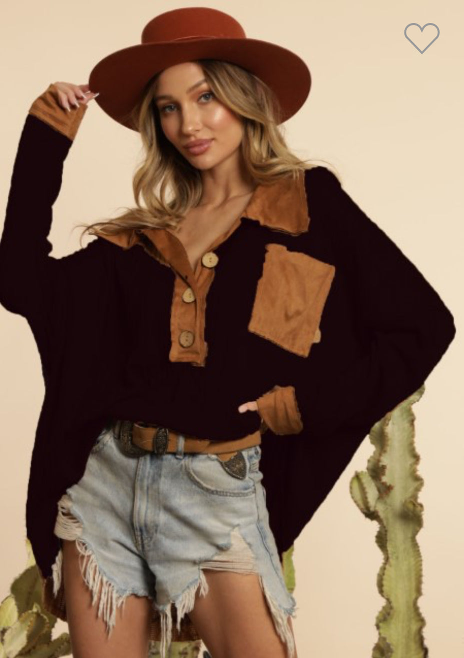 Knit with suede pocket and collar