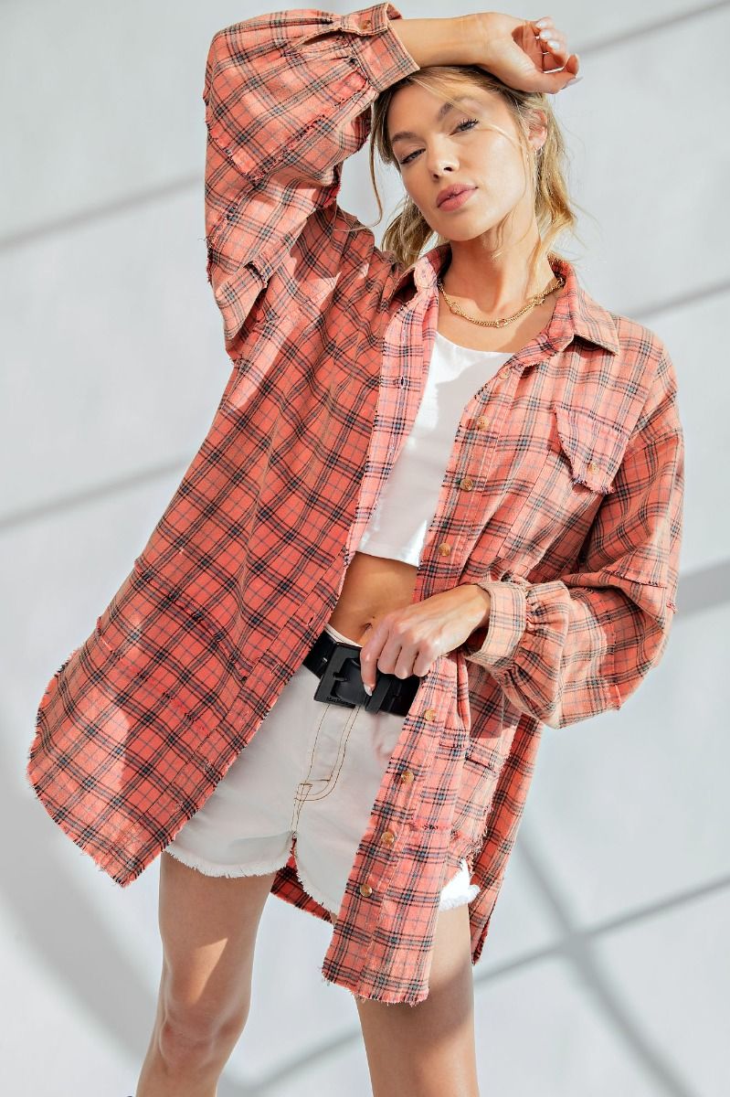 Coral plaid oversized flannel
